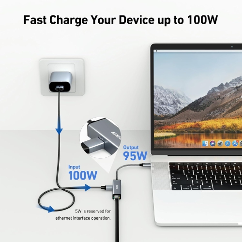 Adaptateur USB-C à Ethernet BENFEI, Gigabit, avec 100 W Power Delivery, compatible Thunderbolt 3/4