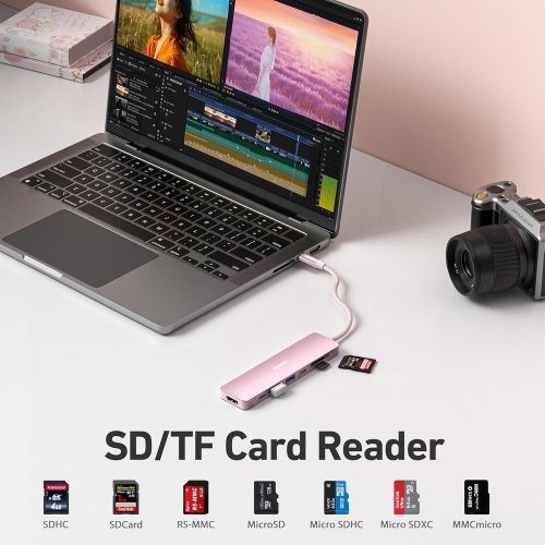 BENFEI 7-in-1 USB C Hub, HDMI 4K@60Hz, 2xUSB-A, USB-C Data, 100W PD, SD/TF Reader, Pink