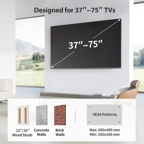 Full Motion TV Wall Mount for 37-75 inch TVs up to 100 lbs, Bracket with Dual Articulating Arms, Swivel, Tilt, Max VESA 600 x 400mm, Fits 12”/16”