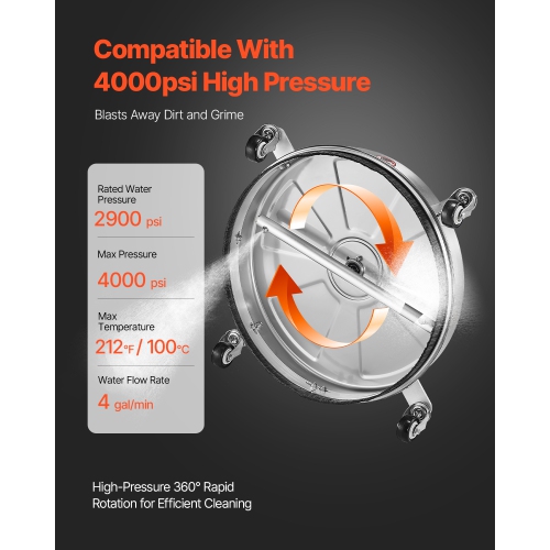 VEVOR 18" Pressure Washer Surface Cleaner, Stainless Steel Pressure Washer Attachments with 4 Wheels, 4000 Max PSI, 1/4 Quick Connector, 2 Spray