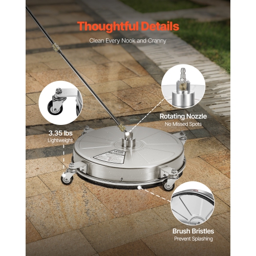 VEVOR 18" Pressure Washer Surface Cleaner, Stainless Steel Pressure Washer Attachments with 4 Wheels, 4000 Max PSI, 1/4 Quick Connector, 2 Spray