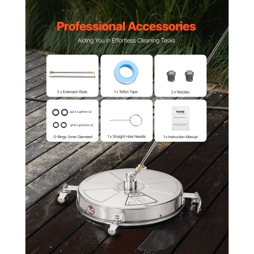 VEVOR 18" Pressure Washer Surface Cleaner, Stainless Steel Pressure Washer Attachments with 4 Wheels, 4000 Max PSI, 1/4 Quick Connector, 2 Spray