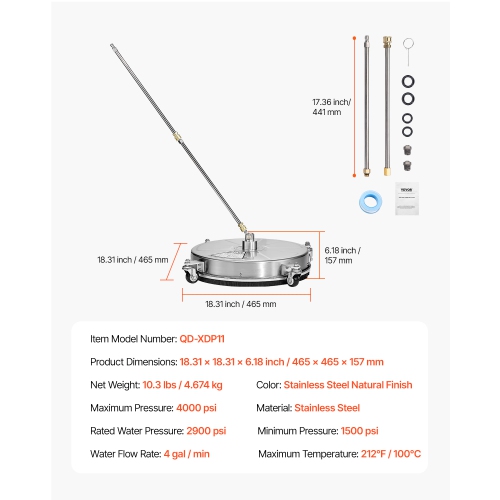 VEVOR 18" Pressure Washer Surface Cleaner, Stainless Steel Pressure Washer Attachments with 4 Wheels, 4000 Max PSI, 1/4 Quick Connector, 2 Spray