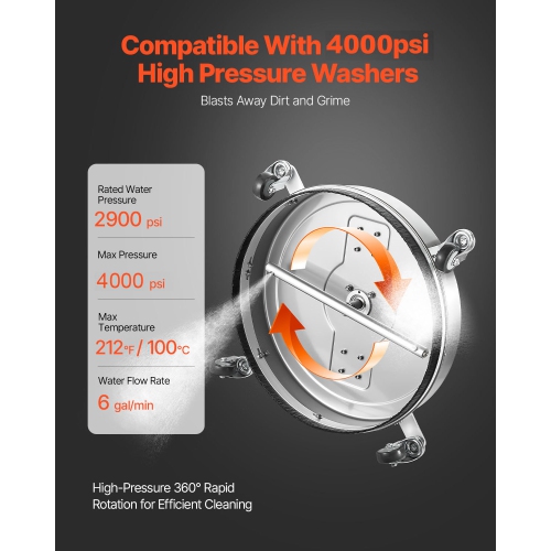 VEVOR 24" Pressure Washer Surface Cleaner, Stainless Steel Pressure Washer Attachments with 4 Wheels, 4000 Max PSI, 3/8 Quick Connector, 2 Spray