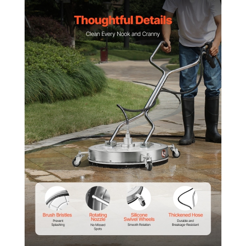 VEVOR 24" Pressure Washer Surface Cleaner, Stainless Steel Pressure Washer Attachments with 4 Wheels, 4000 Max PSI, 3/8 Quick Connector, 2 Spray