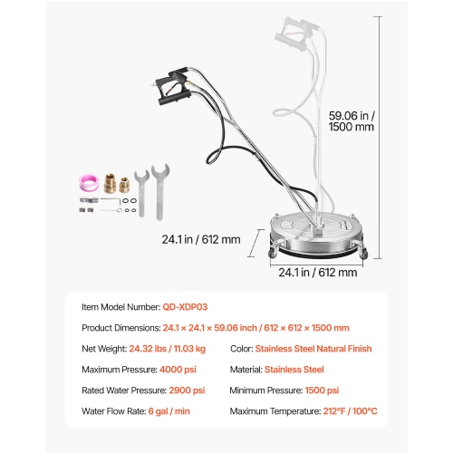 VEVOR 24" Pressure Washer Surface Cleaner, Stainless Steel Pressure Washer Attachments with 4 Wheels, 4000 Max PSI, 3/8 Quick Connector, 2 Spray