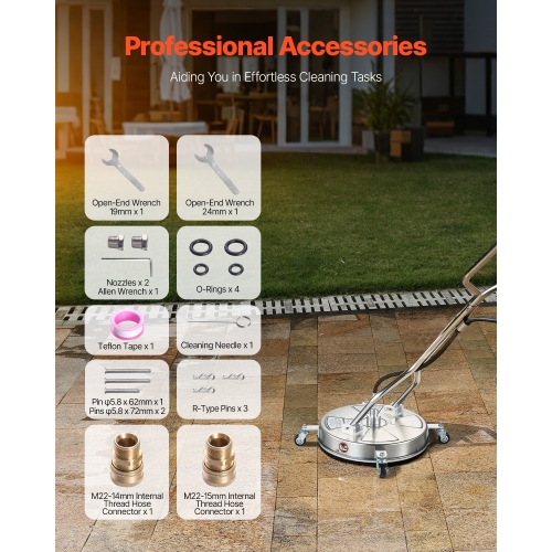 VEVOR 18" Pressure Washer Surface Cleaner, Stainless Steel Pressure Washer Attachments with 4 Wheels, 4000 Max PSI, 3/8 Quick Connector, 2 Spray