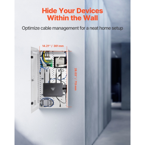 VEVOR 28-Inch Media Enclosure, Structured Media Center with Vented Hinged Door, Cable Management Box, Structured Wiring Multi-Media Cabinet, Recessed