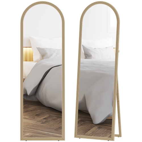 HOMCOM 64" x 21" Full Length Mirror, Free Standing, Leaning or Wall Full Body Mirror with Faux Stone Frame and Arched Top for Living Room, Bedroom,