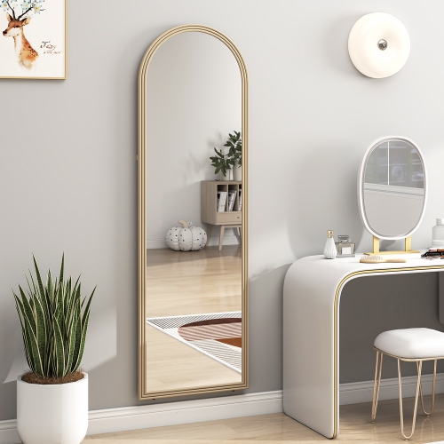 HOMCOM 64" x 21" Full Length Mirror, Free Standing, Leaning or Wall Full Body Mirror with Faux Stone Frame and Arched Top for Living Room, Bedroom,