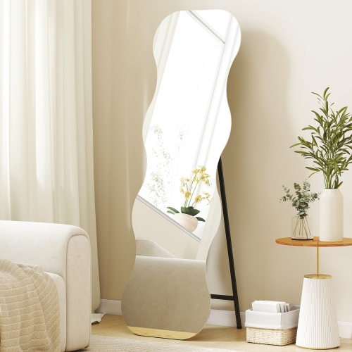 HOMCOM 64" x 21" Full Length Mirror, Irregular Wavy Frameless Full Body Mirror with Pine Wood Base for Bedroom, Living Room, Floor Standing or