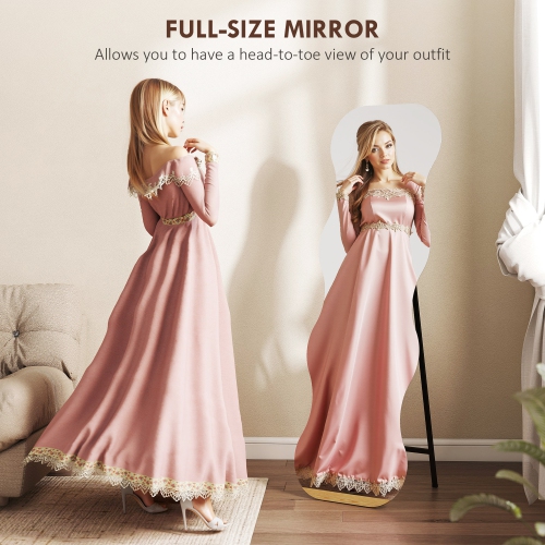 HOMCOM 64" x 21" Full Length Mirror, Irregular Wavy Frameless Full Body Mirror with Pine Wood Base for Bedroom, Living Room, Floor Standing or