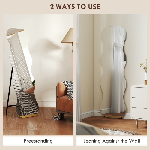 HOMCOM 64" x 21" Full Length Mirror, Irregular Wavy Frameless Full Body Mirror with Pine Wood Base for Bedroom, Living Room, Floor Standing or