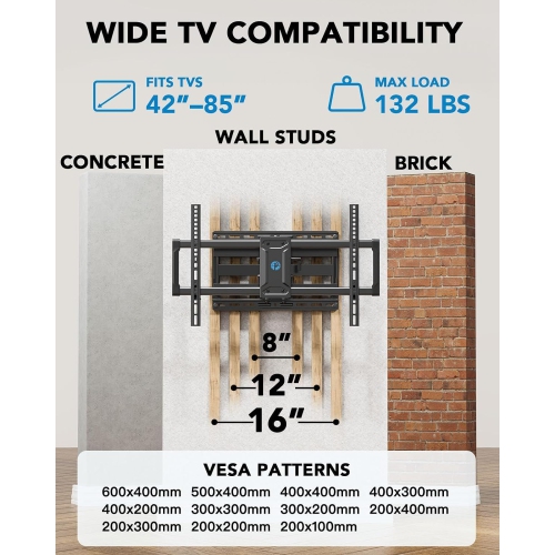 Full Motion TV Wall Mount for 42-85 inch Flat Screen LED TV up to 132lbs Swivel Dual Articulating Arms Tilt, Tool-Free Tilt Max VESA 600x400mm, Fits
