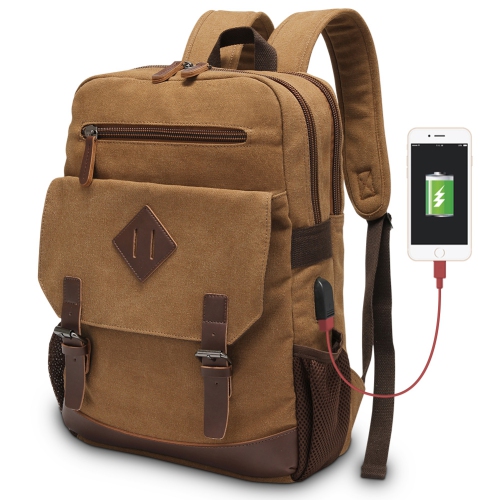 Meidale Canvas Backpack for Men Women| Vintage Rucksack Fits Most 15.6" Laptop, Bookbag with USB Charging Port - Brown