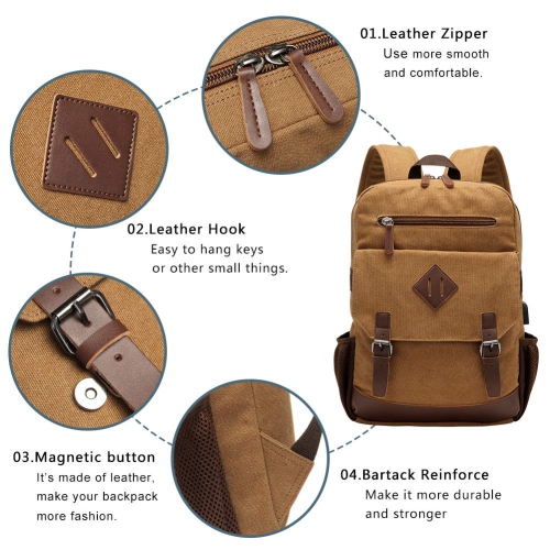 Meidale Canvas Backpack for Men Women| Vintage Rucksack Fits Most 15.6" Laptop, Bookbag with USB Charging Port - Brown