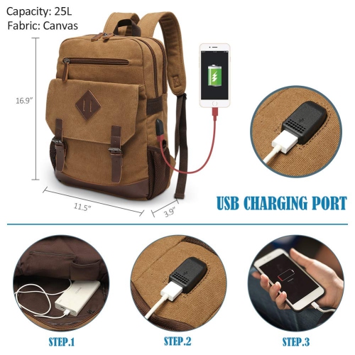 Meidale Canvas Backpack for Men Women| Vintage Rucksack Fits Most 15.6" Laptop, Bookbag with USB Charging Port - Brown
