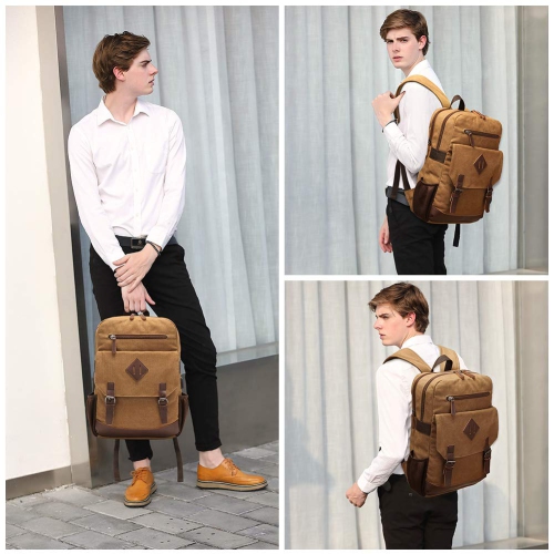 Meidale Canvas Backpack for Men Women| Vintage Rucksack Fits Most 15.6" Laptop, Bookbag with USB Charging Port - Brown