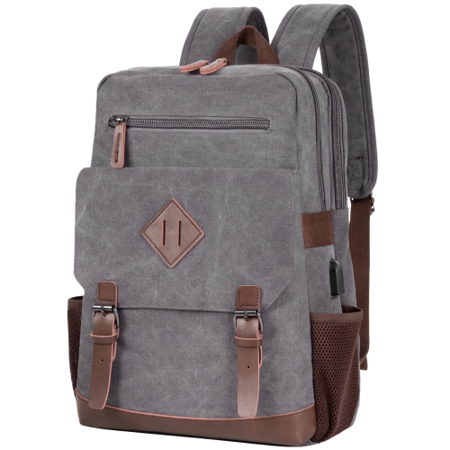 Meidale Canvas Backpack for Men Women| Vintage Rucksack Fits Most 15.6" Laptop, Bookbag with USB Charging Port - Grey