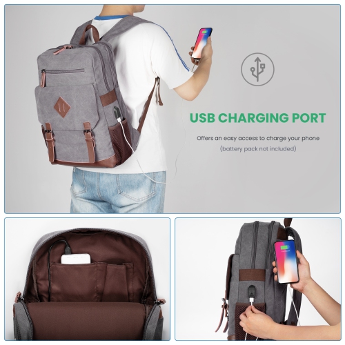 Meidale Canvas Backpack for Men Women| Vintage Rucksack Fits Most 15.6" Laptop, Bookbag with USB Charging Port - Grey
