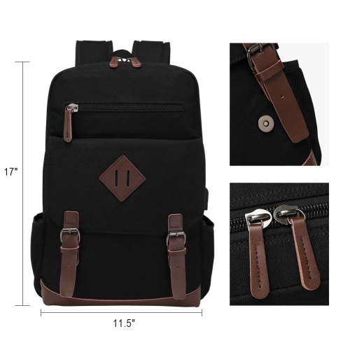 Meidale Canvas Backpack for Men Women| Vintage Rucksack Fits Most 15.6" Laptop, Bookbag with USB Charging Port - Black