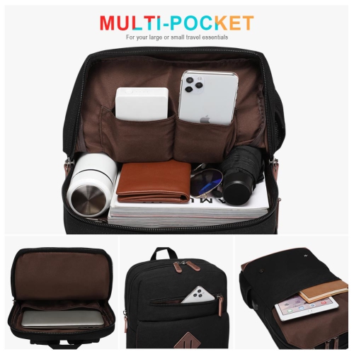 Meidale Canvas Backpack for Men Women| Vintage Rucksack Fits Most 15.6" Laptop, Bookbag with USB Charging Port - Black