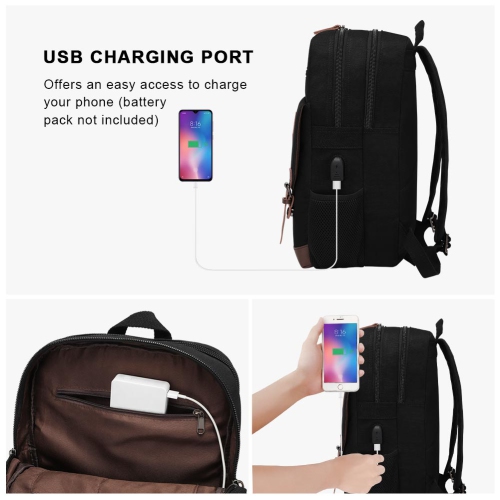 Meidale Canvas Backpack for Men Women| Vintage Rucksack Fits Most 15.6" Laptop, Bookbag with USB Charging Port - Black