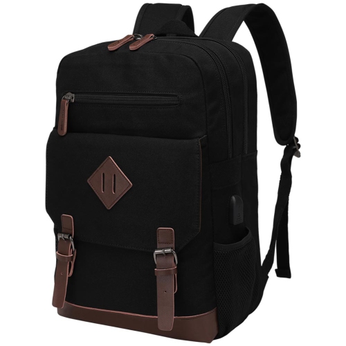 Meidale Canvas Backpack for Men Women| Vintage Rucksack Fits Most 15.6" Laptop, Bookbag with USB Charging Port - Black