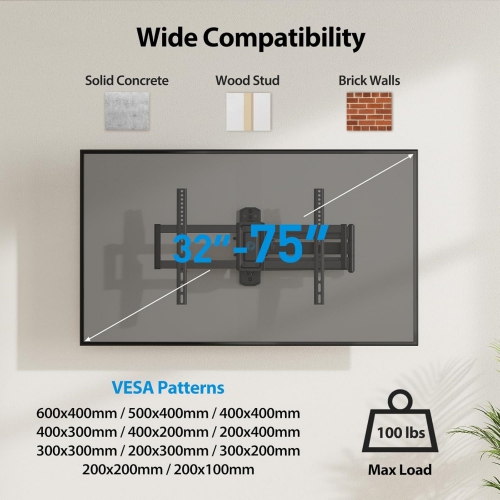 Full-Motion Long-Arm TV Wall Mount for 32-75 Inch TVs up to 100 lbs, Wall Mount TV Bracket with 32.37” Extension, Swivel & Tilt, Space-Saving Corner