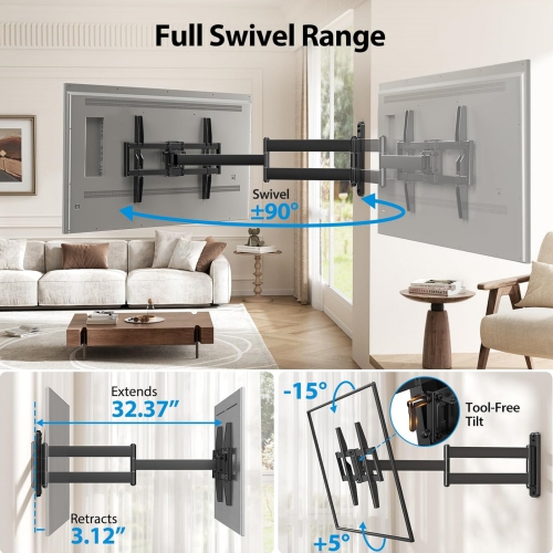 Full-Motion Long-Arm TV Wall Mount for 32-75 Inch TVs up to 100 lbs, Wall Mount TV Bracket with 32.37” Extension, Swivel & Tilt, Space-Saving Corner