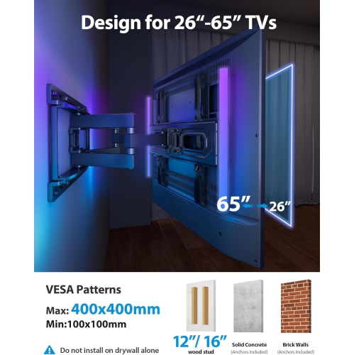 Pre-Assembled TV Wall Mount with LED Lights for 26-65 inch TVs up to 99 lbs, Max VESA 400x400mm, Swivel, Extension, Tilt, TV Backlights with Music