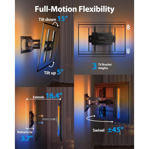 Pre-Assembled TV Wall Mount with LED Lights for 26-65 inch TVs up to 99 lbs, Max VESA 400x400mm, Swivel, Extension, Tilt, TV Backlights with Music