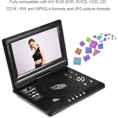 Portable mobile DVD player, 9-inch LCD video player with 270° rotating screen, 480×234 resolution, supports reading SD/MMC/USB