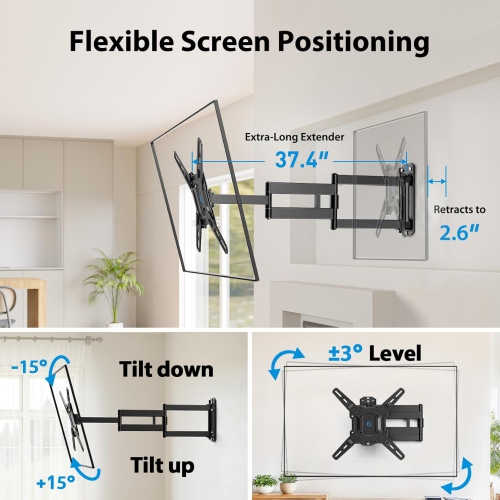 Full-Motion Long-Arm TV Wall Mount for 32-65 Inch TVs up to 110 lbs, Max VESA 400x400mm, 37.4” Long Extension Corner TV Mount, Swivel & Tilt,