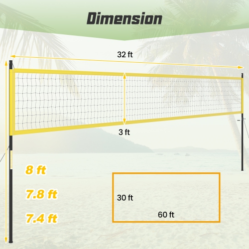 Gymax Portable Outdoor Volleyball Net Set Height Adjustable Poles Anti-Sag Yellow