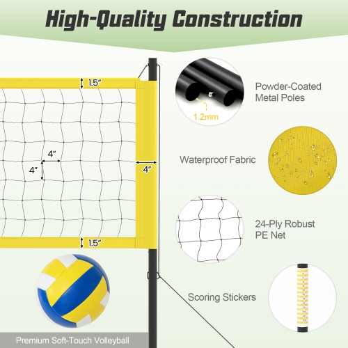 Gymax Portable Outdoor Volleyball Net Set Height Adjustable Poles Anti-Sag Yellow