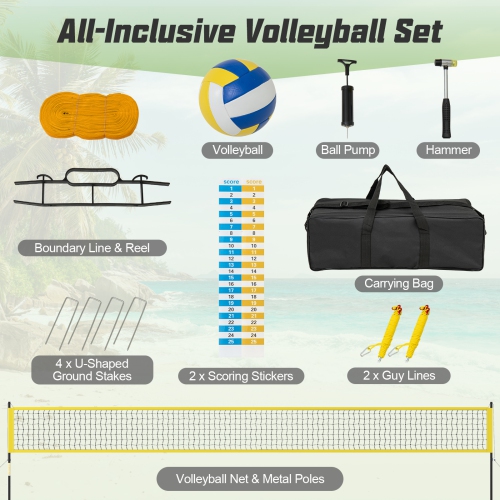 Gymax Portable Outdoor Volleyball Net Set Height Adjustable Poles Anti-Sag Yellow