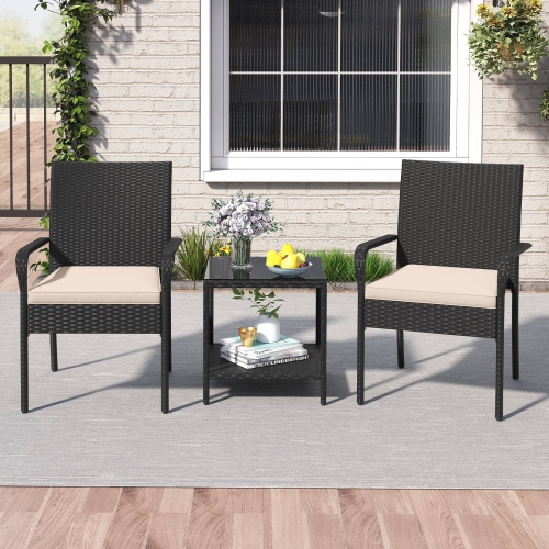 Gymax 3 Piece Patio Furniture Set Outdoor Wicker Chair & Table Set w/ Seat Cushions
