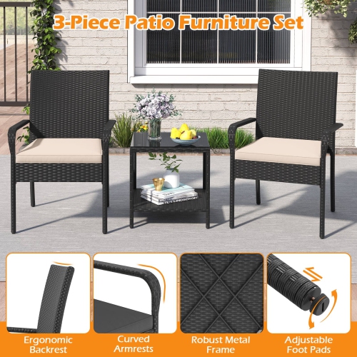 Gymax 3 Piece Patio Furniture Set Outdoor Wicker Chair & Table Set w/ Seat Cushions