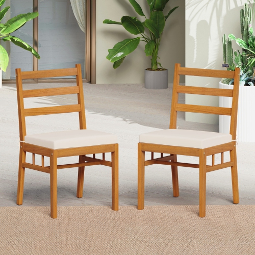 Gymax Solid Acacia Wood Patio Chair Set of 2 w/ Padded Seat Cushions