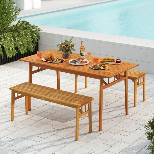 Gymax 2 PCS Acacia Wood Outdoor Bench 48'' Long Backless Wooden Picnic Bench w/ Slatted Seat