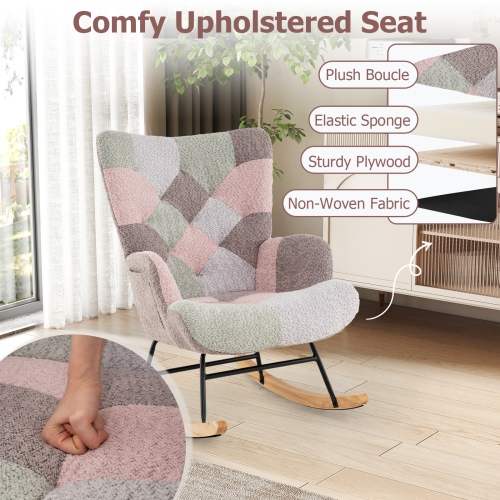 Gymax Nursery Rocking Chair Upholstered Boucle Fabric Nursing Armchair w/ Ergonomic Armrests