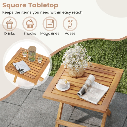 Gymax 2 PCS Outdoor Folding Side Table Acacia Wood End Table Square Patio Bistro Table