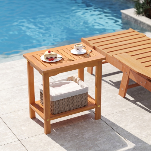Gymax Outdoor Acacia Wood Side Table 2-Tier Patio End Table w/ Slatted Tabletop