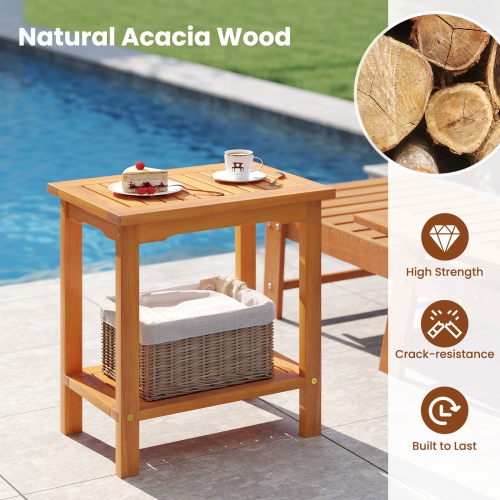 Gymax Outdoor Acacia Wood Side Table 2-Tier Patio End Table w/ Slatted Tabletop
