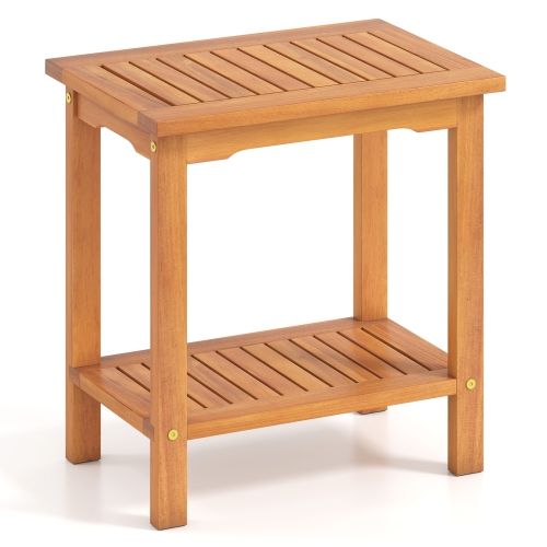 Gymax Outdoor Acacia Wood Side Table 2-Tier Patio End Table w/ Slatted Tabletop