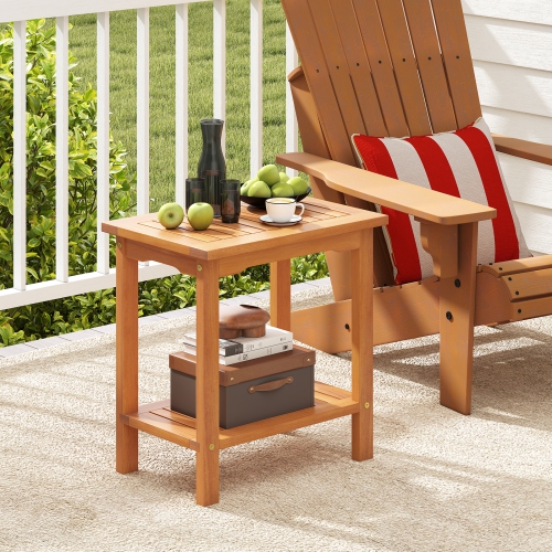 Gymax 2PCS Outdoor Acacia Wood Side Table 2-Tier Patio End Table w/ Slatted Tabletop