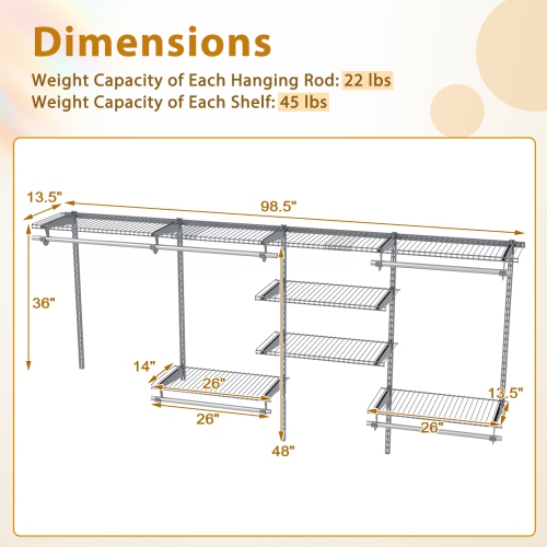 Gymax Wire Closet Organizer System Wall-mounted Adjustable Storage Shelves Coats Gray