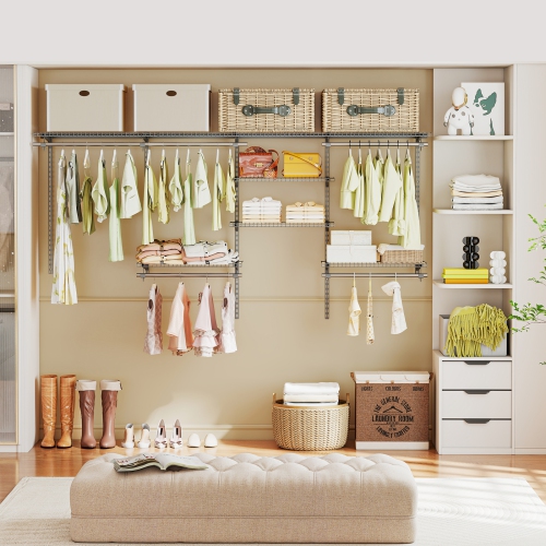 Gymax Wire Closet Organizer System Wall-mounted Adjustable Storage Shelves Coats Gray