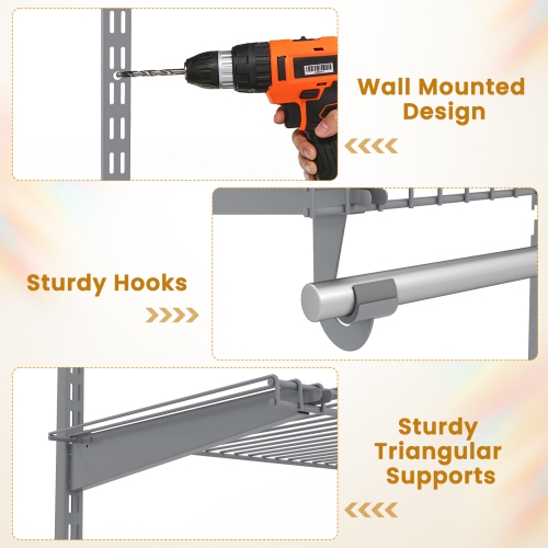 Gymax Wire Closet Organizer System Wall-mounted Adjustable Storage Shelves Coats Gray